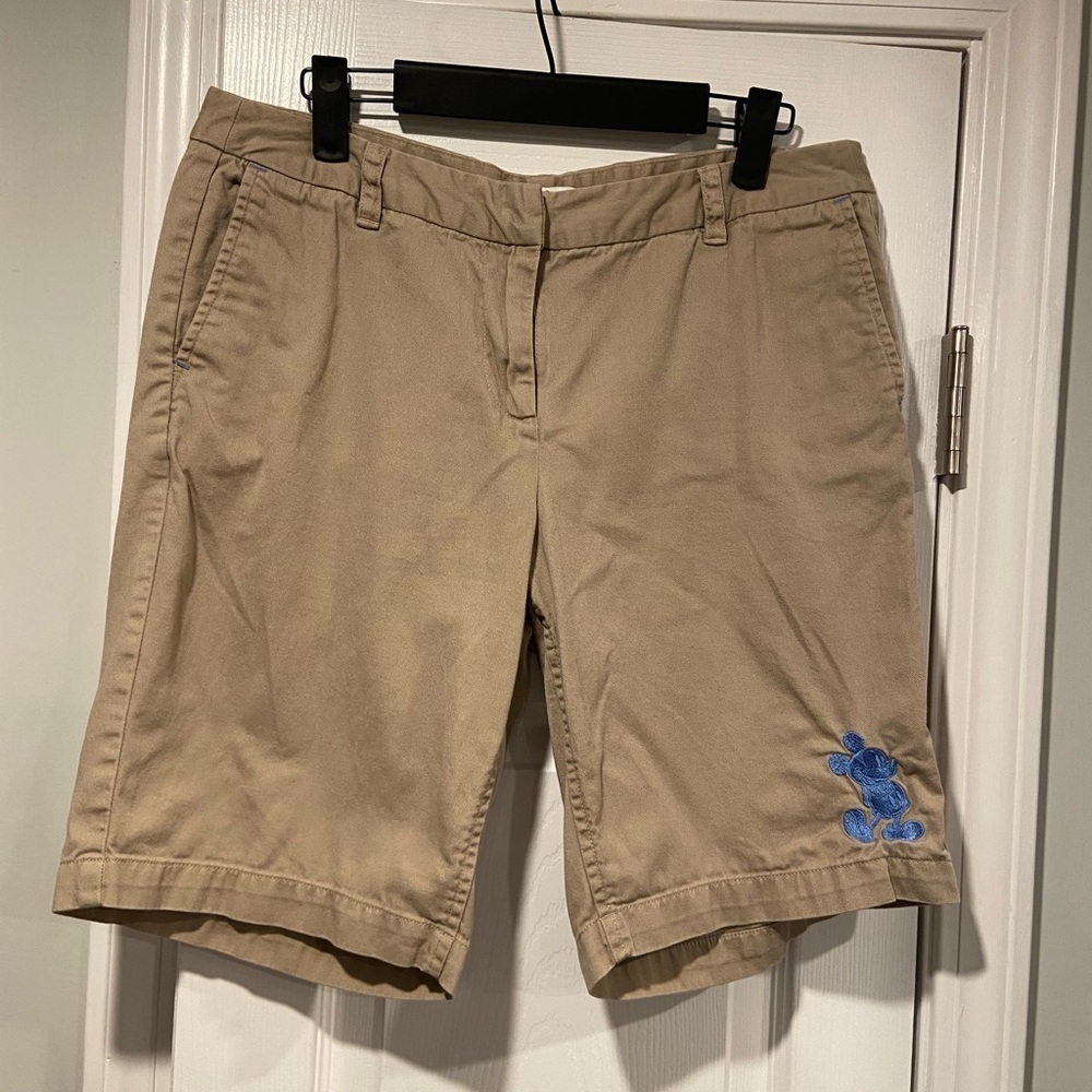 Disney Parks Size 10 Khaki Zip Up Cotton Twill Blue Mickey Embroidered Shorts
